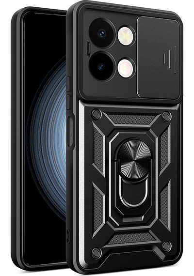 Vivo Y28 Kılıf Magnetik Standlı Kamera Korumalı Zore Sürgülü Vega Kapak Siyah