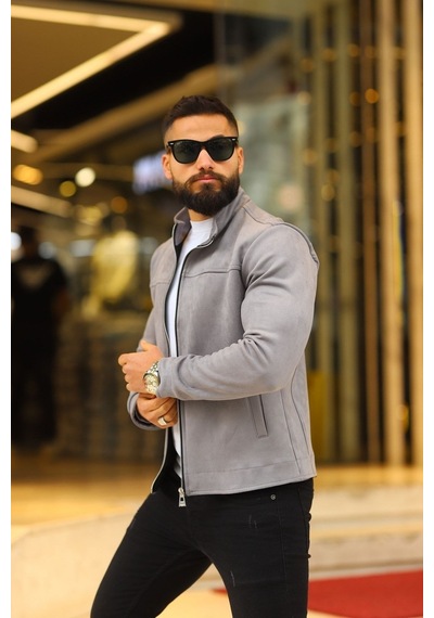 Premium Örme Triko Kol Dik Yaka Süet Ceket Gri