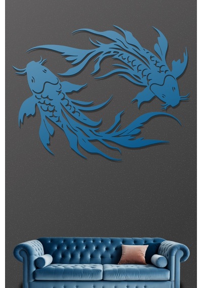 Koi Balıkları Metal Duvar Tablosu - Metal Duvar Sanatı - Mavi - 30 X 23 Cm