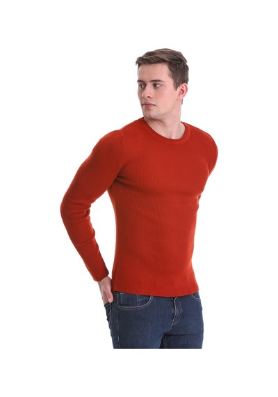 Hatemoğlu Kiremit Slim Fit Fitilli Bisiklet Yaka Yünlü Triko Kazak 3412202 Kiremit