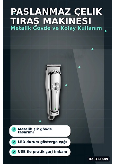 3 Kademeli Tıraş Makinesi Paslanmaz Çelik Bıçaklı 2 Saat Kullanım Usb Şarjlı Bx-313689