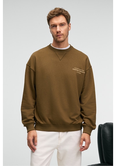 Grımelange CASPIAN Erkek %100 Pamuk Bisiklet Yaka Karyoka Dikişli Baskılı Haki Sweatshirt
