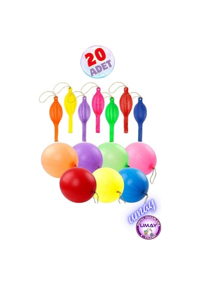 20 Adet Zıpzıp Balon İpli Lastikli Punch Panç Büyük Balon Çok Renkli