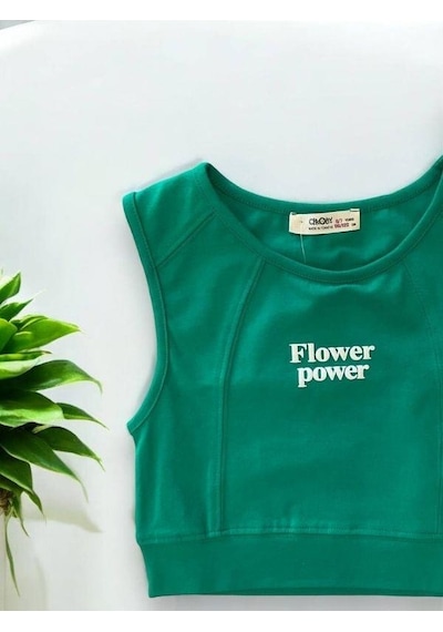 Kız Çocuk Flower Power Yazılı Crop-14406 Yeşil