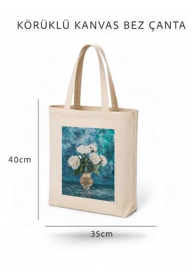 Lunora Collection Vazodaki Çiçek Baskılı Körüklü Kanvas Bez Çanta Ham Renk
