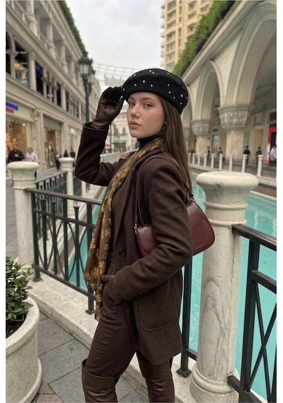 Mollycrush Kadın Siyah Pırlanta Taşlı Yün Ressam Bere Kışlık Şık Tasarım Fransız Tarzı Şapka Siyah