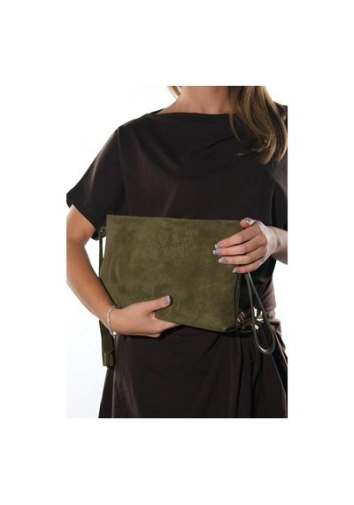Morden Haki Süet Hakiki Deri Kadın Clutch Çanta