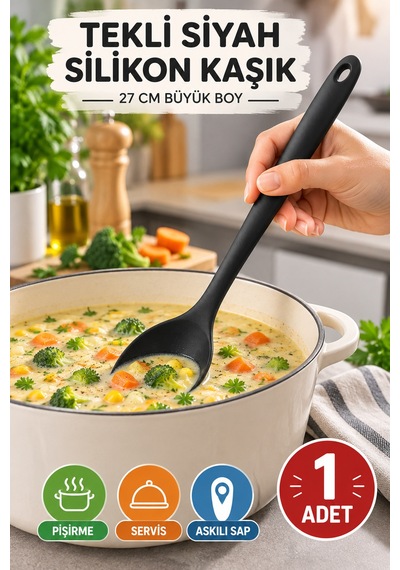 Tekli Siyah Büyük Boy Silikon Kaşık 27 Cm Mutfak Yemek Pişirme Ve Servis Kaşığı Renkli Mutfak Gereci
