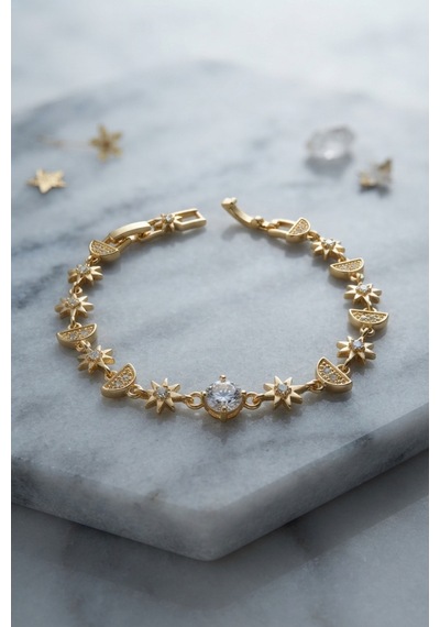Gold Renk Yıldız Hilal Kadın Bileklik Celestial Pirinç Bijuteri Altın