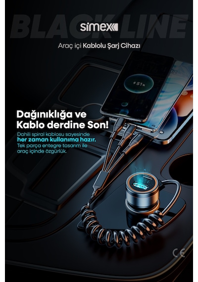 Black Line 60w Araç İçi Şarj Aleti, 5 Port, Spiral Kablolu, Type-c Micro Usb Lightning Uyumlu Siyah