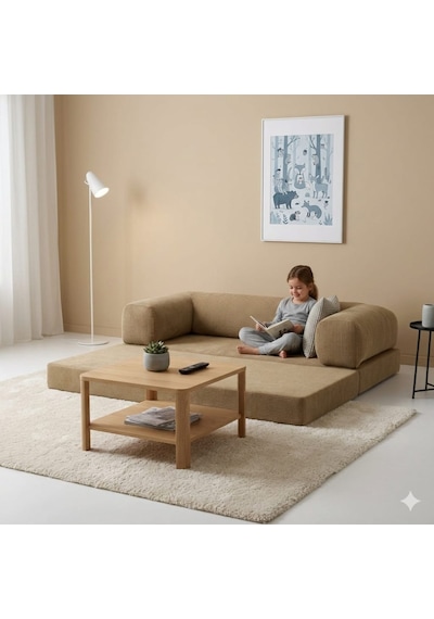 Herev 160x80 Sünger Koltuk İki Kişilik Kanepe Yataklı Yıkanabilir Kadife Kumaşlı Haki