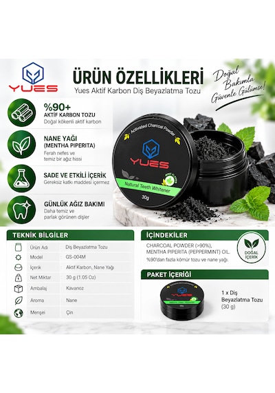 Yues Aktif Karbon Diş Beyazlatma Tozu Nane Aromalı 30 G