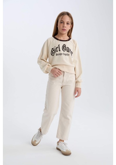 DeFacto Kız Çocuk Relax Fit Bisiklet Yaka Baskılı İçi Yumuşak Tüylü Sweatshirt D7042A824WNBG734 Bej