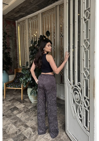 Kechi Woman Leopar Desenli Saten Pantolon Kahverengi