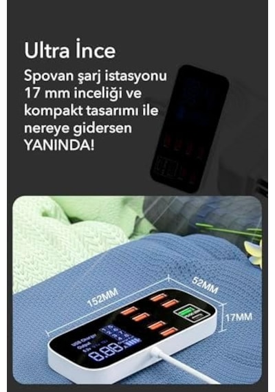 Spovan Led Ekranlı 8 Port Masaüstü Duvar Seyahat Type C Usb 40w Şarj İstasyonu Adaptörü