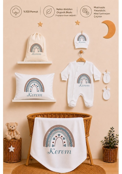 Pia Baby Erkek Bebek %100 Pamuk Hediye Seti 6 Lı İsimli Keseli Tulum Şapka Eldiven Battaniye Ve Yastık Kılıfı 1073tybk3x Krem