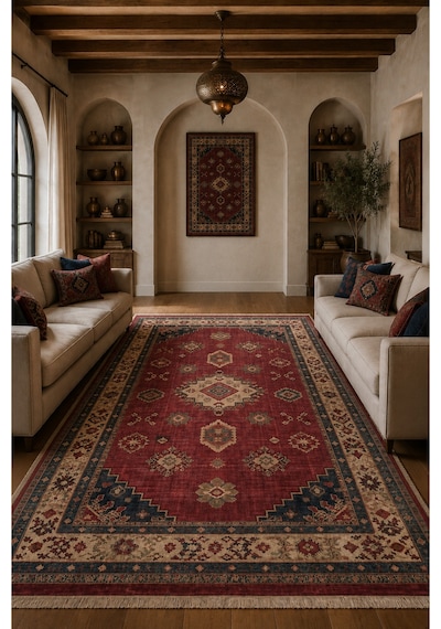 Salon Halısı Bordo Lacivert Etnik Desenli Kaymaz Taban Th-3028 Bordo - Lacivert