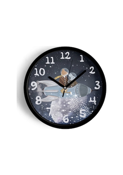 Yıldızlı Hayvanlı Uzay - Astronot - Astronomi Temalı Modern Duvar Saati - 25cm - Önü Camlı-jh0177 Siyah
