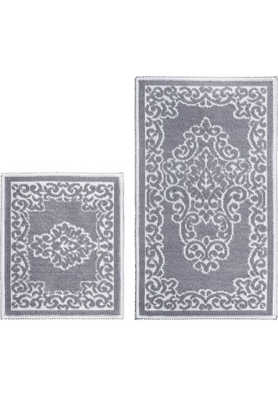 Balat Damaks Doğal Pamuklu 2'li Banyo Paspası 60x100+50x60 Cm Gri Gri