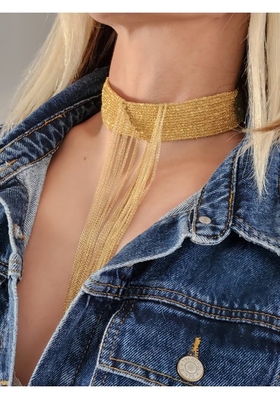 15 Sıralı Zincir V Model Dokuma Sallantılı Vücut Tasma Choker El Yapımı Altın Renk Kolye Gold