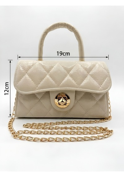 Satuna Parlak Kapitone Mini Çanta Astar Detaylı Zincir Askılı Kadın El Ve Omuz Çantası 19x12 Cm Krem