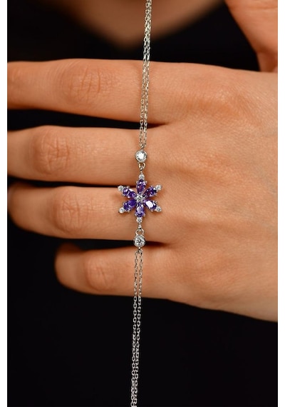 Roza Silver Ametist Taşlı Rodyum Lotus Çiçeği Gümüş Bileklik