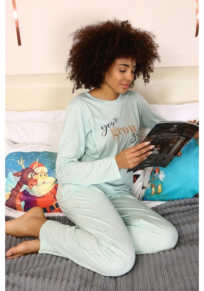 Akbeniz Kadın Penye Uzun Kol Pijama Takım 4188 - L Su Yeşili