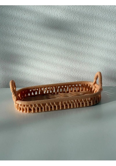 3d Baskı Oval Ratan Görünümlü Dekoratif Tepsi Kulplu Örgü Desenli Sunum Sepeti Bej