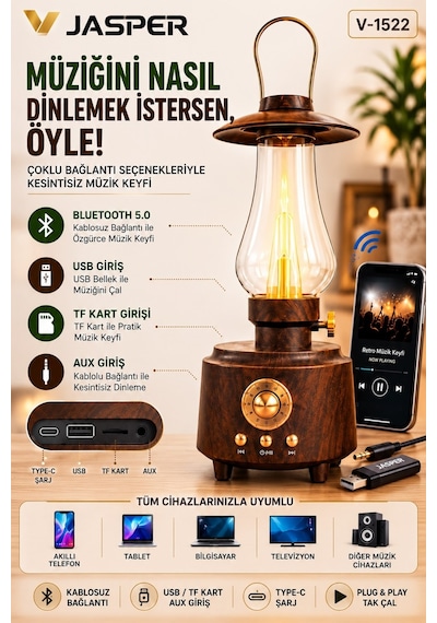 Jasper Jpr-1522 Retro Bluetooth Hoparlör Nostaljik Gaz Lambası Tasarımlı Led Alev Işığı 57mm 5w