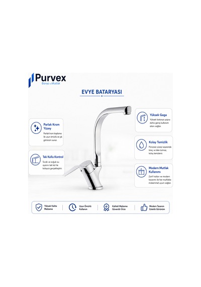 Purvex Home Spektra Eviye Bataryası Mutfak Evye Musluğu L Tipi Döner Borulu Tezgah Üstü Aç Kapa Krom Pirinç Musluk Bataryası Lüks Modern Tasarım