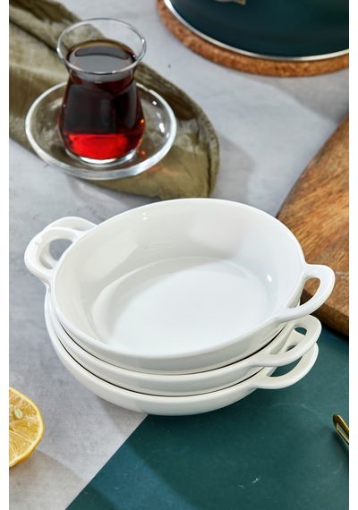 3 Lü Porselen Oval Kulplu Meze Ve Servis Kasesi Seti 19x15x4,5 Cm Şık Sunum Tabakları Beyaz - 757284366 Beyaz