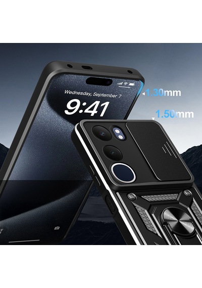 Vivo Y19s Kılıf Magnetik Standlı Kamera Korumalı Zore Sürgülü Vega Kapak Mavi