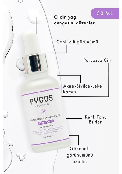 Pycos Cosmetıcs Niacinamide %10 + Hyalüronik Asit Ve Panthenol İçeren Cilt Bakım Serumu 30 Ml, Sebum Dengeleyici
