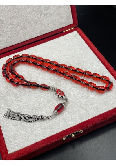 925 Ayar Gümüş Püsküllü Ateş Kehribar Tespih 11x8 Mm