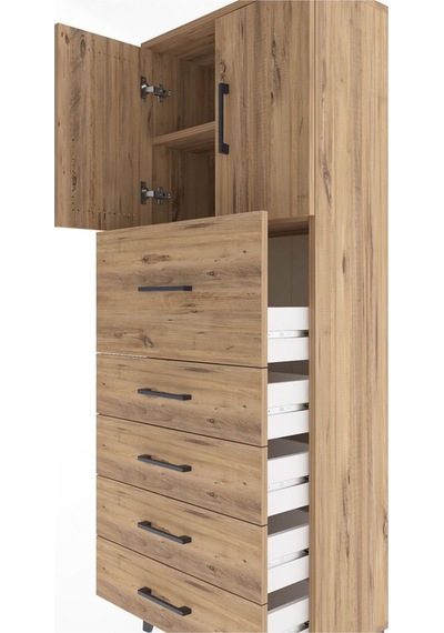 Arges Dolap 2 Raflı 5 Çekmeceli 2 Kapaklı 60x30x163 Çam-çam Çam