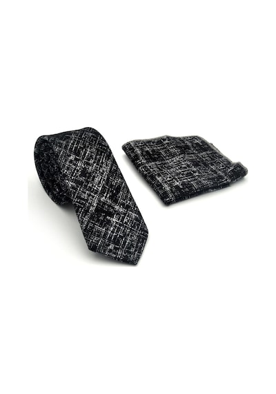 Gaffy Beyaz Kırcıl Desenli Siyah Dokuma Kumaş Mendilli Slim Fit Kravat // Sdk-2610-1 Siyah