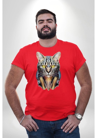 Angemiel Kulaklık Kedi Kırmızı Büyük Beden Erkek Kadın Unisex Basic Ön Baskılı Tişört Kırmızı