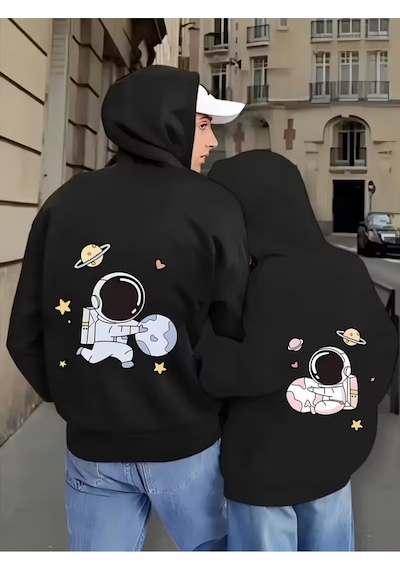 Nevermind Sevgili Çift Kombini Astronot Temalı Siyah Hoodie Takımı Pamukl Siyah