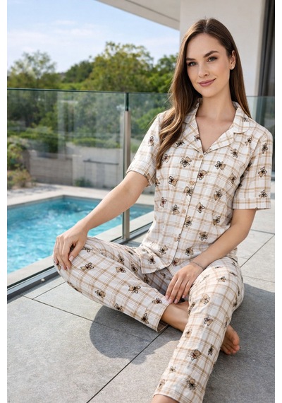 Remsa Kadın Ayıcık Desen Kısa Kol Suprem Pijama Takımı 0277 Bej02