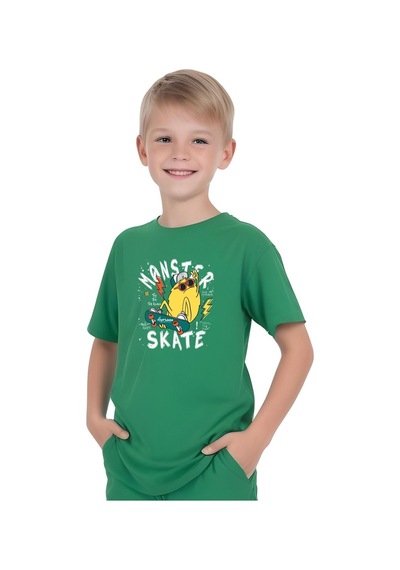 Fyk Kids Erkek Çocuk Ti Şört-şort Skate Baskili Alt-üst Takim Yeşil