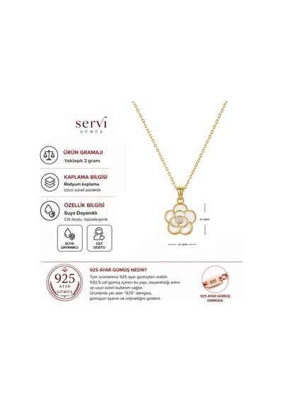 Servi 925 Ayar Gümüş Bianca Beyaz Mineli Gül Kolye-300 Gold - Gümüş