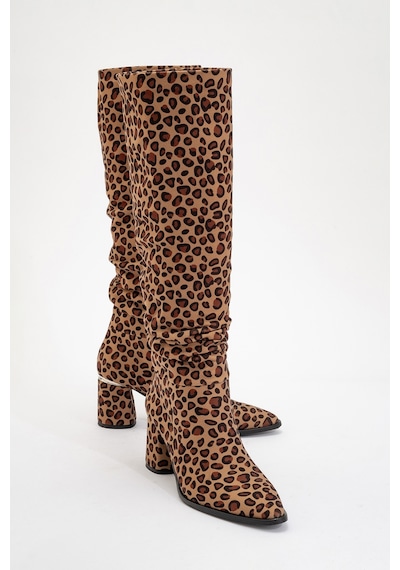 Luvishoes Luvi Shoes 120 Siyah Sarı Desenli Körüklü Kadın Kalın Topuklu Çizme Leopar