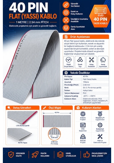 40 Pin Flat Yassı Kablo - 1 Metre, 2.54mm