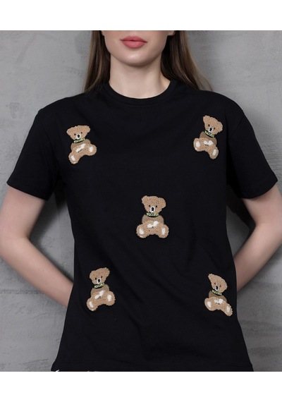 Genç Kadın Ayıcık Süzene Nakışlı T-shirt Siyah