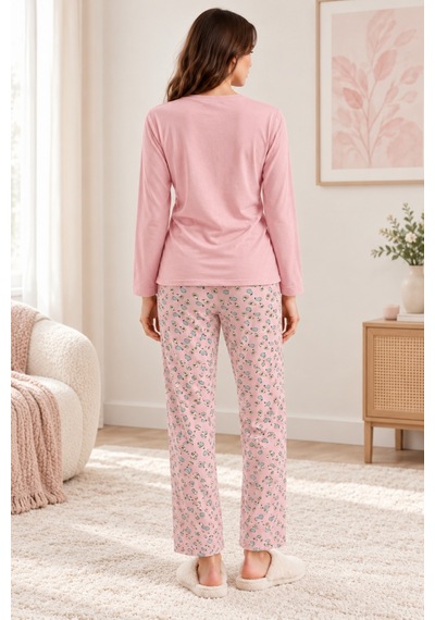 Nisanca Kadın Premium Modal Penye Pijama Takımı %100 Pamuk Soft Yumuşak Dokulu Uzun Kollu Baskılı Desenli Alt Üst 2'li Pembe