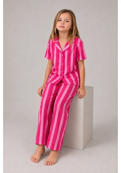Kız Çocuk Çizgili Gecelik Pembe Pijama Takımı
