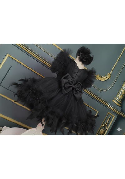 Star Kids Fashion Kız Çocuk Siyah Tüylü Elbise,kız Çocuk Doğum Günü Elbisesi,abiye Elbise,toka Dahil