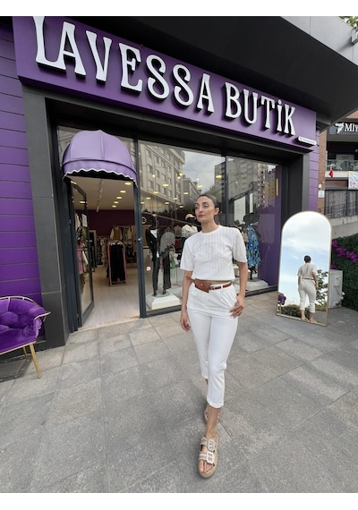 Yüksek Bel Cüzdanlı Kemer Detyalı Kumaş Pantolon -beyaz-184 Beyaz