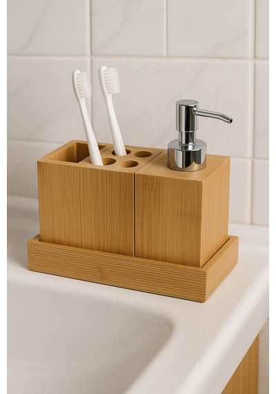 Doğal Bambu 3 Lü Banyo Seti Sıvı Sabunluk, Diş Fırçalık Ve Organizer Stand Br-6710 Ahşap