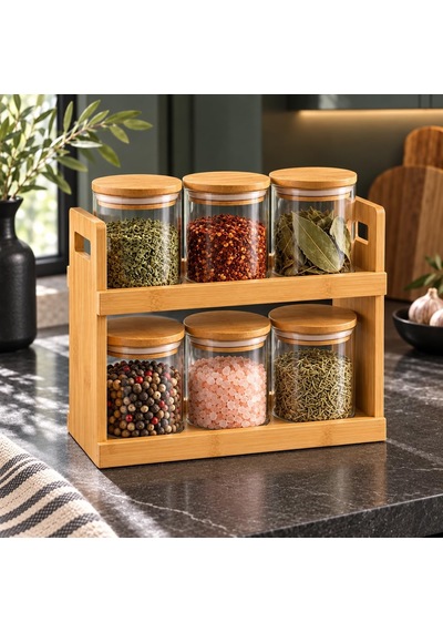 Bambu Standlı 6'li Borosilikat Cam Baharatlık Seti, Her Kavanoz 300 Ml, Bambu Kapaklı, 2 Katlı Baharat Rafı, Yan Tutma Açıklıklı Tezgah Üstü Mutfak Düzenleyici Diğer